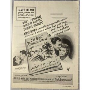 "So Well Remembered" Movie Ad Circa 1947 John Mills Martha Scott Patricia Roc